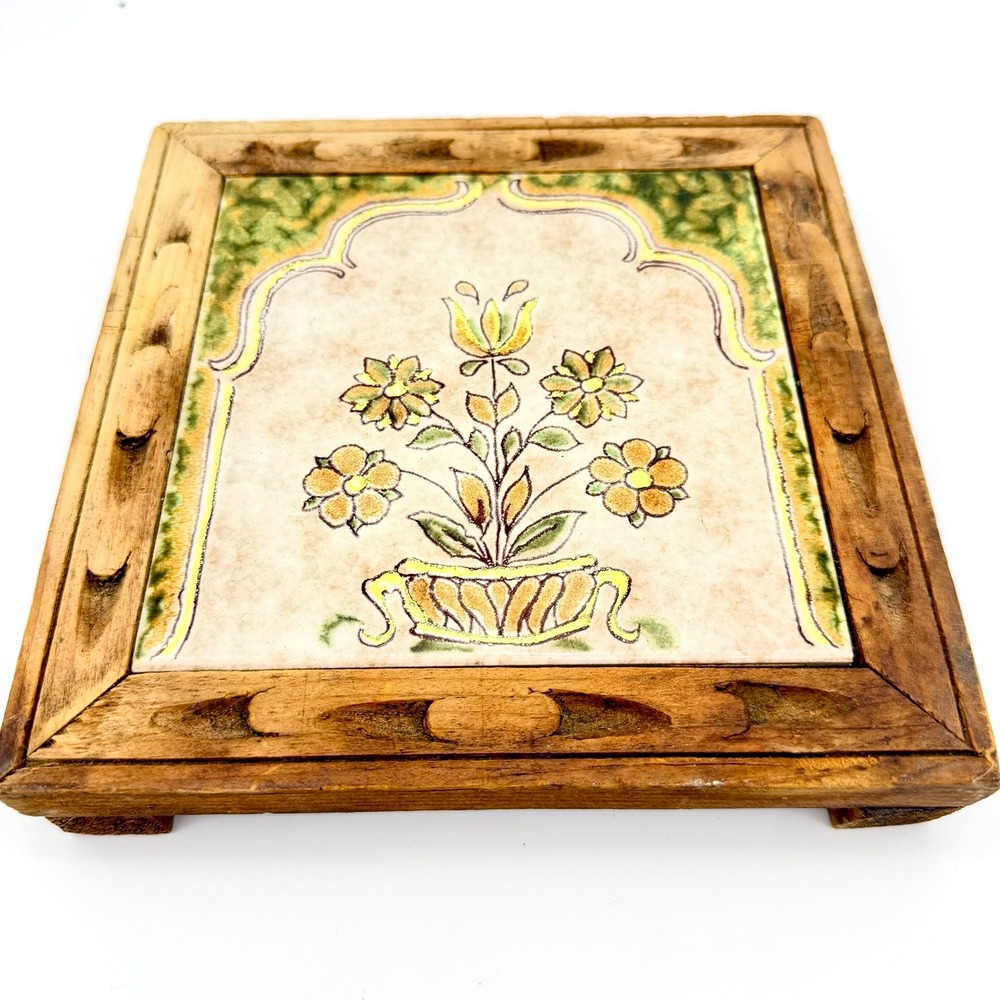 Italy Tile Trivet Ceramic Wood Vintage Mediterranean Beige Green‎ Floral